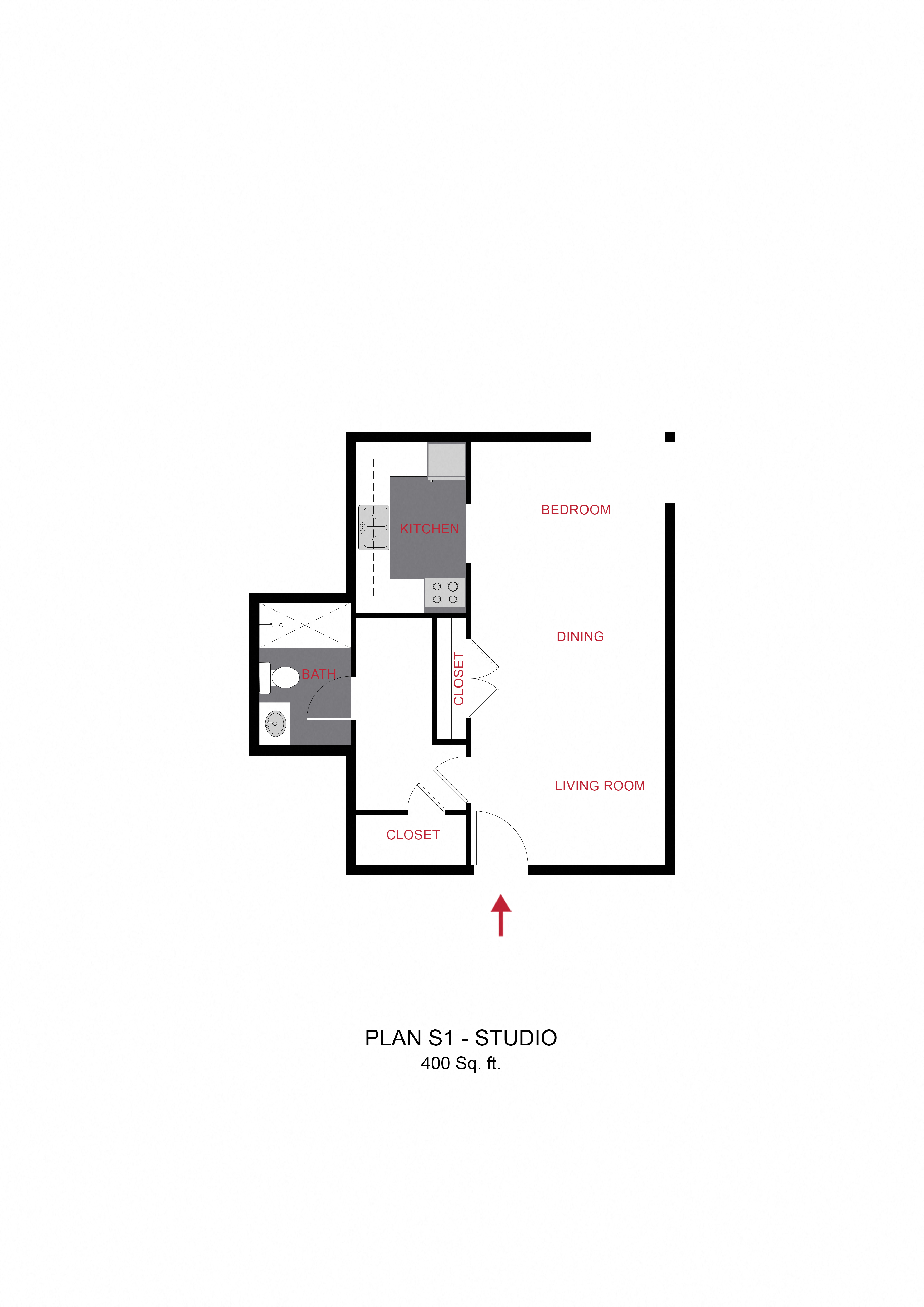 Floor plan for studio, 1 bath, 400 sqft